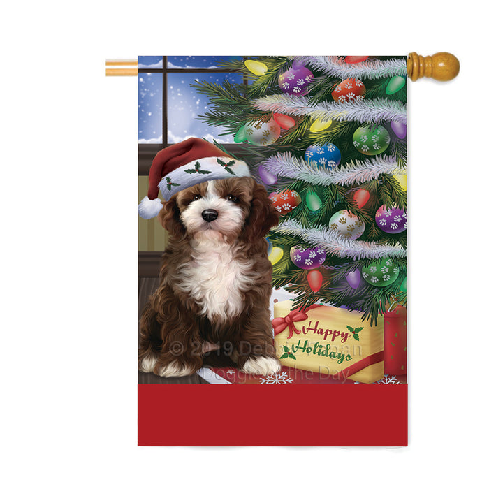 Personalized Christmas Happy Holidays Cockapoo Dog with Tree and Presents Custom House Flag FLG-DOTD-A58677