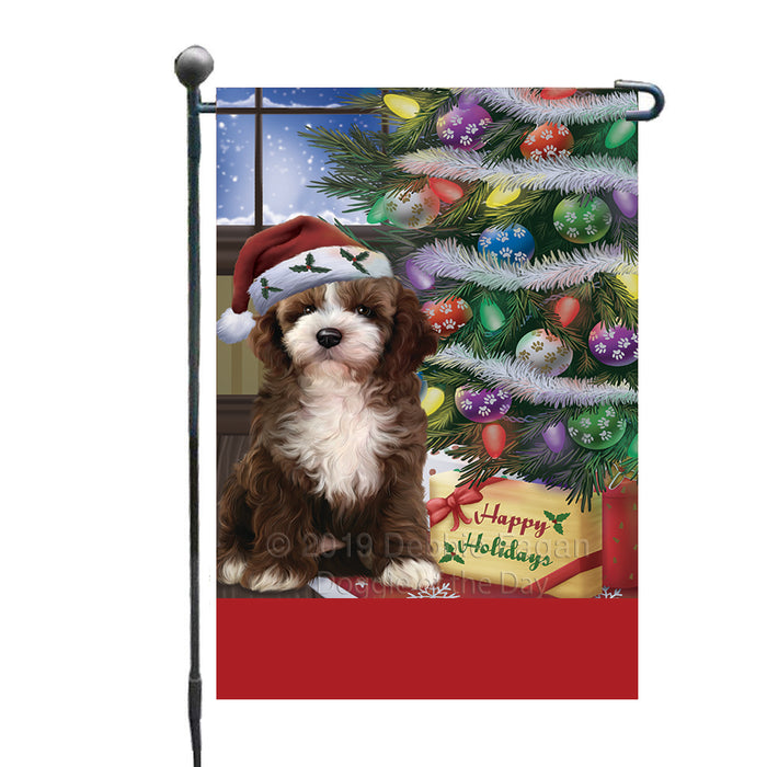 Personalized Christmas Happy Holidays Cockapoo Dog with Tree and Presents Custom Garden Flags GFLG-DOTD-A58621