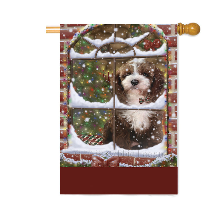 Personalized Please Come Home For Christmas Cockapoo Dog Sitting In Window Custom House Flag FLG-DOTD-A60207