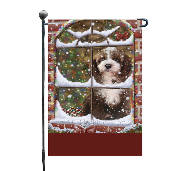 Personalized Please Come Home For Christmas Cockapoo Dog Sitting In Window Custom Garden Flags GFLG-DOTD-A60151