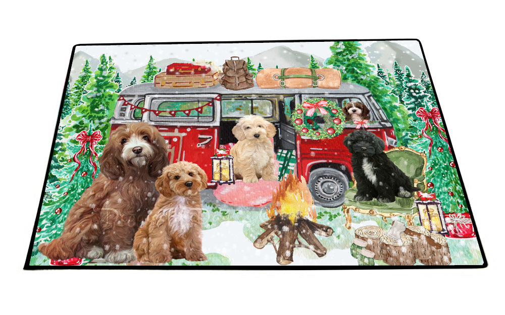 Christmas Time Camping with Cockapoo Dogs Floor Mat- Anti-Slip Pet Door Mat Indoor Outdoor Front Rug Mats for Home Outside Entrance Pets Portrait Unique Rug Washable Premium Quality Mat