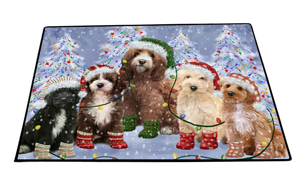 Christmas Lights and Cockapoo Dogs Floor Mat- Anti-Slip Pet Door Mat Indoor Outdoor Front Rug Mats for Home Outside Entrance Pets Portrait Unique Rug Washable Premium Quality Mat