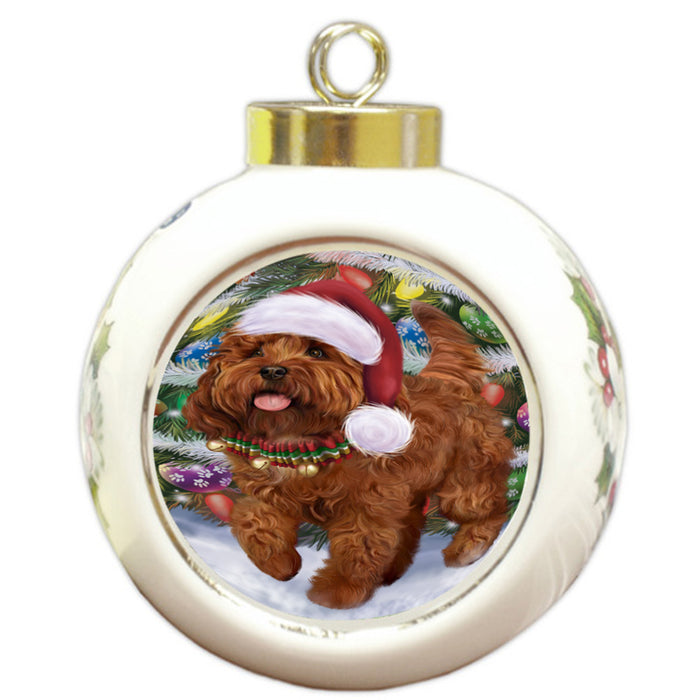 Trotting in the Snow Cockapoo Dog Round Ball Christmas Ornament RBPOR58444