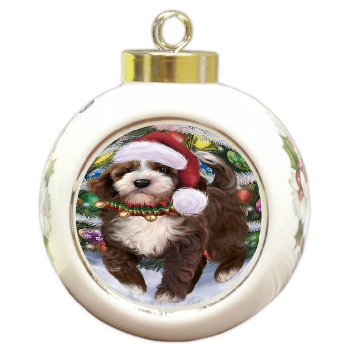 Trotting in the Snow Cockapoo Dog Round Ball Christmas Ornament RBPOR58445