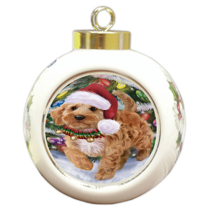 Trotting in the Snow Cockapoo Dog Round Ball Christmas Ornament RBPOR58446