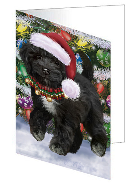 Trotting in the Snow Cockapoo Dog Handmade Artwork Assorted Pets Greeting Cards and Note Cards with Envelopes for All Occasions and Holiday Seasons GCD75368