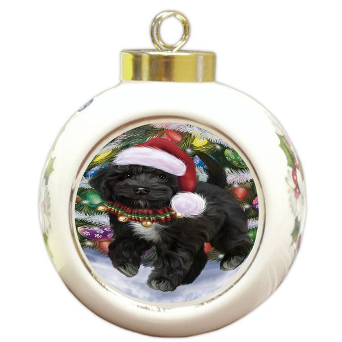 Trotting in the Snow Cockapoo Dog Round Ball Christmas Ornament RBPOR58447