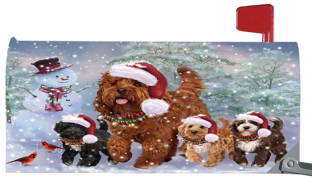 Christmas Running Family Cockapoo Dogs Magnetic Mailbox Cover Both Sides Pet Theme Printed Decorative Letter Box Wrap Case Postbox Thick Magnetic Vinyl Material