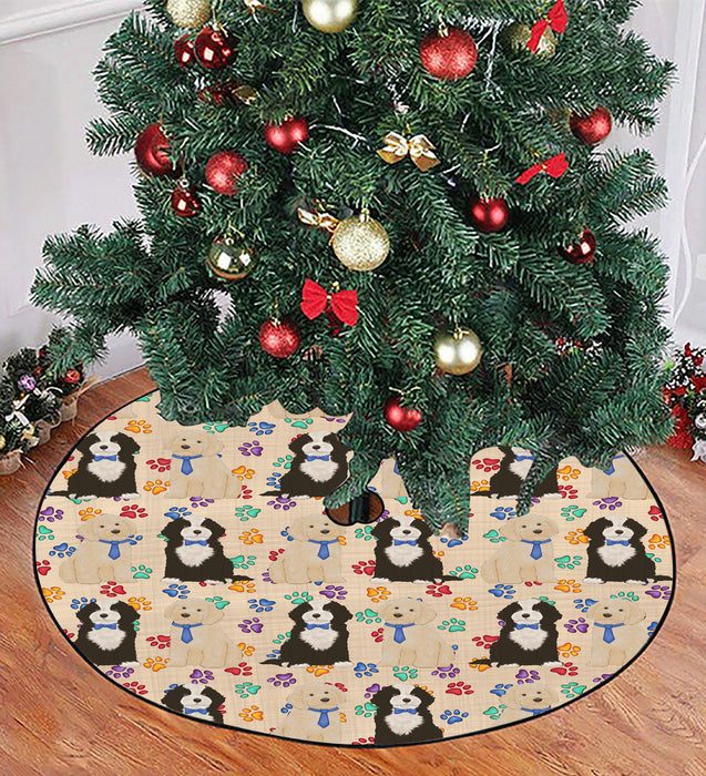 Rainbow Paw Print Cockapoo Dogs Blue Christmas Tree Skirt