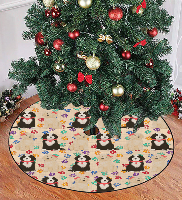 Rainbow Paw Print Cockapoo Dogs Red Christmas Tree Skirt