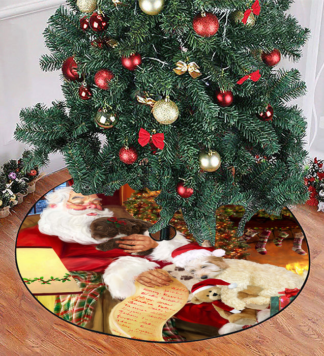Santa Sleeping with Cockapoo Dogs Christmas Tree Skirt