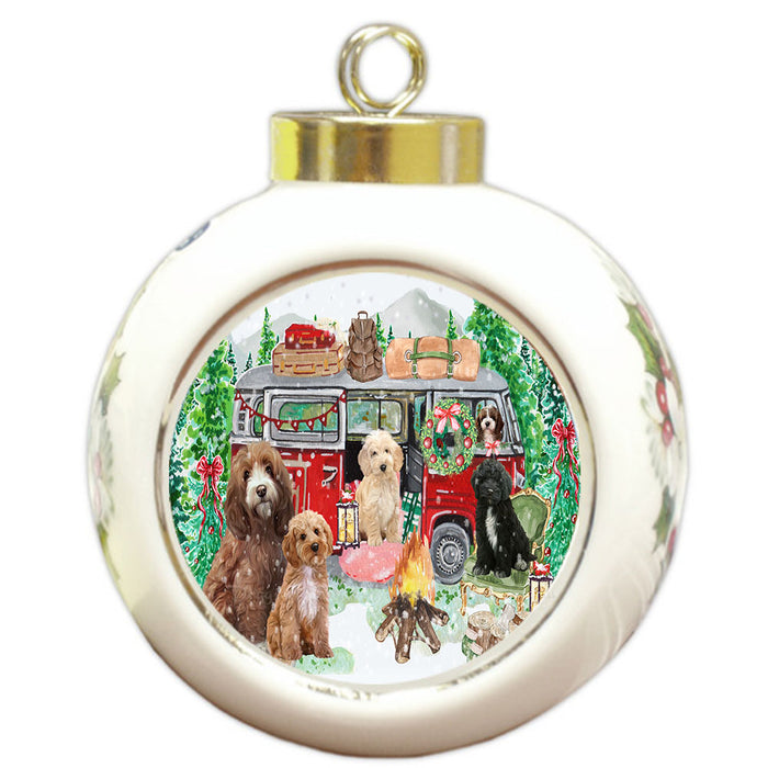 Christmas Time Camping with Cockapoo Dogs Round Ball Christmas Ornament Pet Decorative Hanging Ornaments for Christmas X-mas Tree Decorations - 3" Round Ceramic Ornament