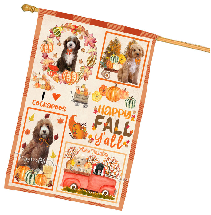 Happy Fall Y'all Pumpkin Cockapoo Dogs House Flag Outdoor Decorative Double Sided Pet Portrait Weather Resistant Premium Quality Animal Printed Home Decorative Flags 100% Polyester