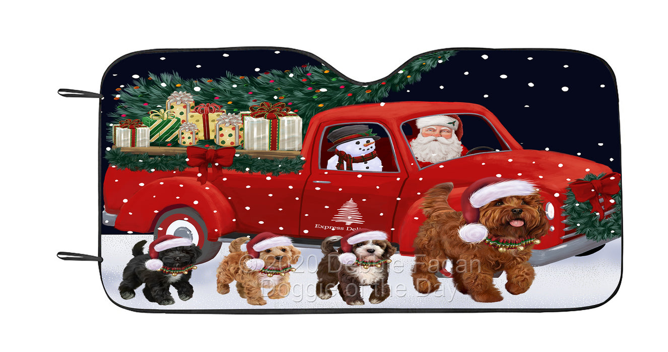 Christmas Express Delivery Red Truck Running Cockapoo Dog Car Sun Shade Cover Curtain