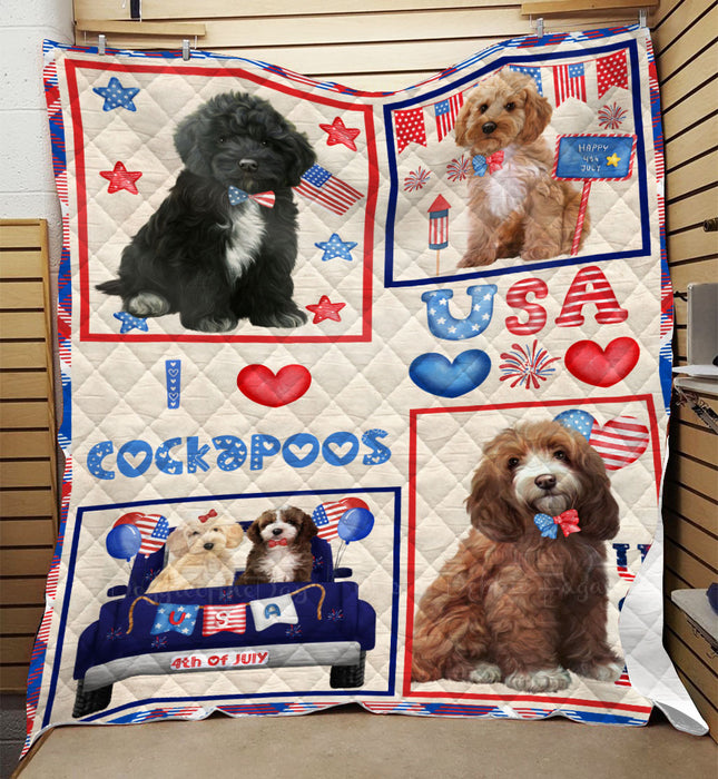 4th of July Independence Day I Love USA Cockapoo Dogs Quilt Bed Coverlet Bedspread - Pets Comforter Unique One-side Animal Printing - Soft Lightweight Durable Washable Polyester Quilt