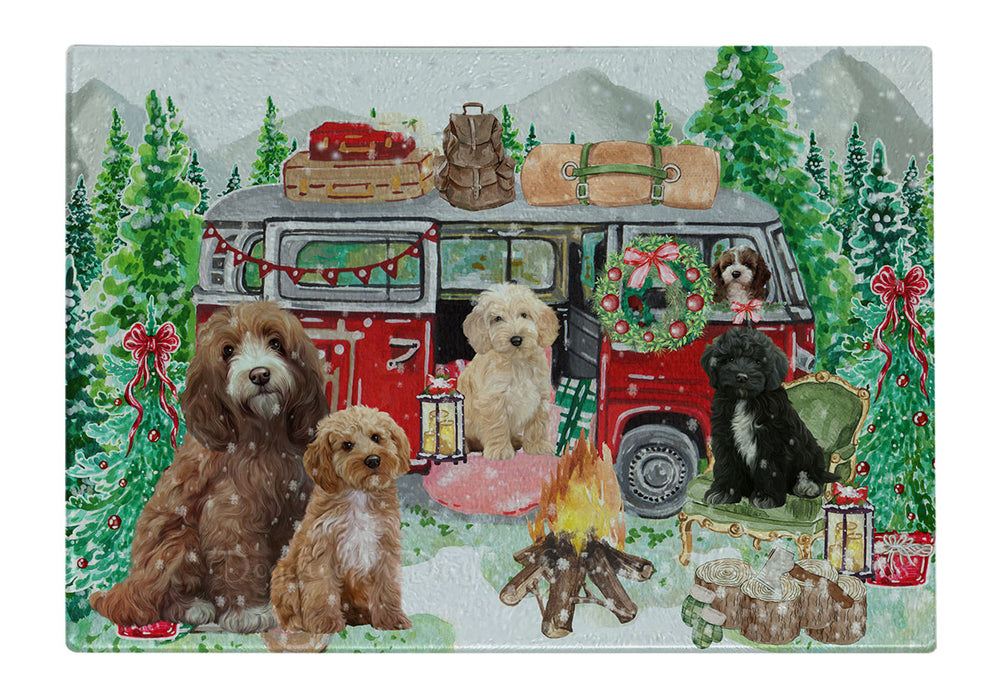 Christmas Time Camping with Cockapoo Dogs Cutting Board - For Kitchen - Scratch & Stain Resistant - Designed To Stay In Place - Easy To Clean By Hand - Perfect for Chopping Meats, Vegetables