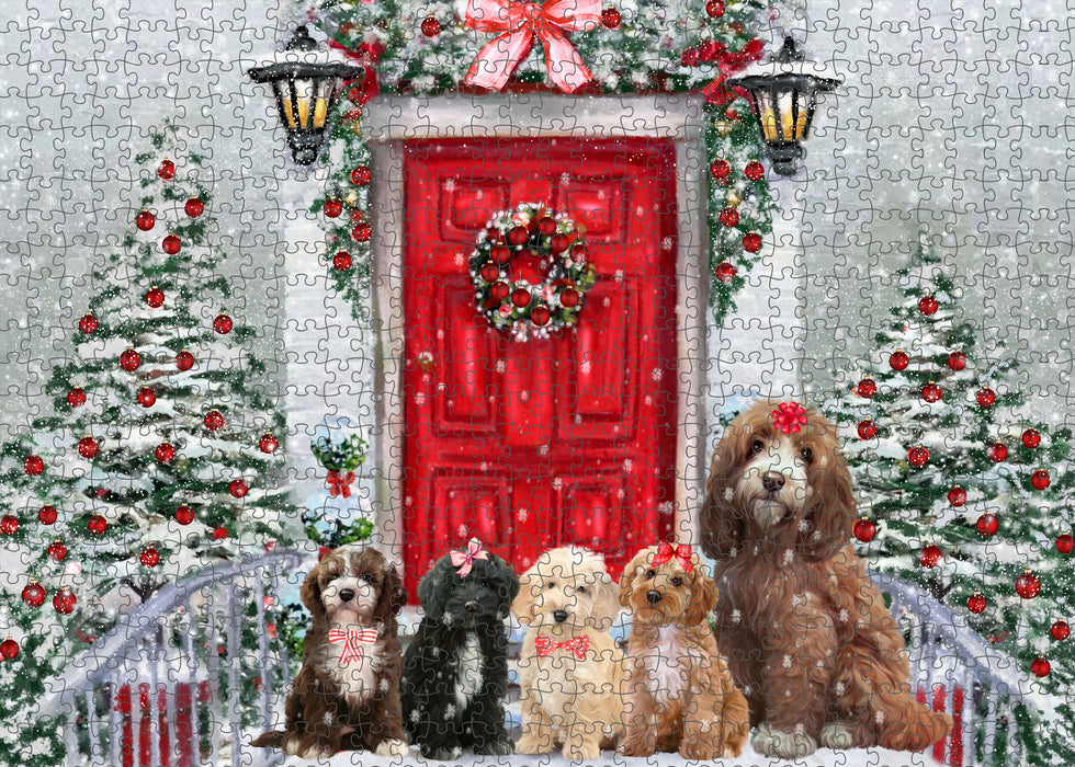 Christmas Holiday Welcome Cockapoo Dogs Portrait Jigsaw Puzzle for Adults Animal Interlocking Puzzle Game Unique Gift for Dog Lover's with Metal Tin Box