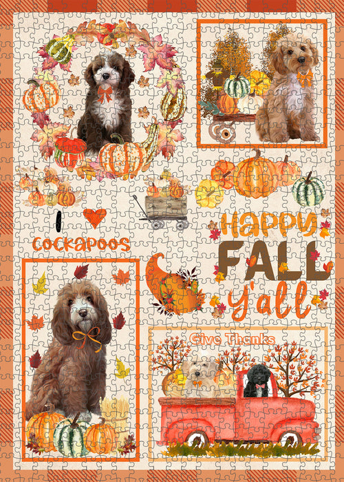 Happy Fall Y'all Pumpkin Cockapoo Dogs Portrait Jigsaw Puzzle for Adults Animal Interlocking Puzzle Game Unique Gift for Dog Lover's with Metal Tin Box
