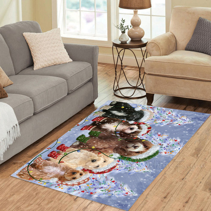 Christmas Lights and Cockapoo Dogs Area Rug - Ultra Soft Cute Pet Printed Unique Style Floor Living Room Carpet Decorative Rug for Indoor Gift for Pet Lovers