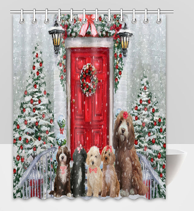 Christmas Holiday Welcome Cockapoo Dogs Shower Curtain Pet Painting Bathtub Curtain Waterproof Polyester One-Side Printing Decor Bath Tub Curtain for Bathroom with Hooks
