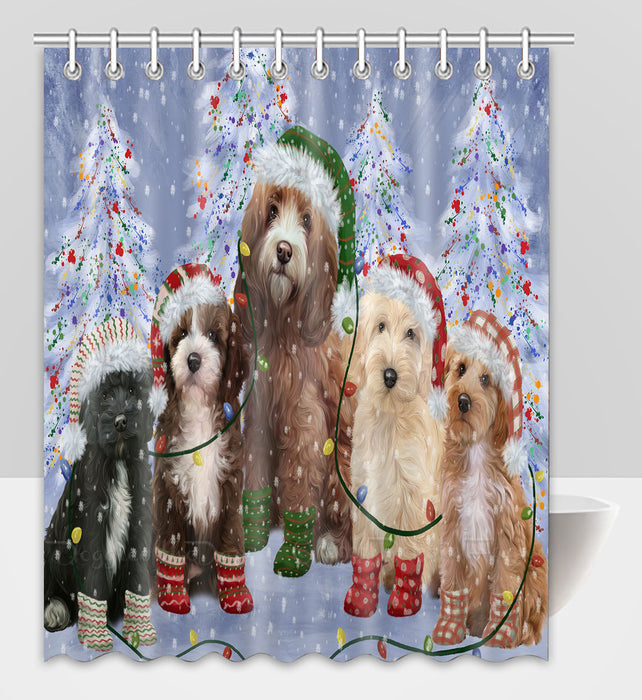 Christmas Lights and Cockapoo Dogs Shower Curtain Pet Painting Bathtub Curtain Waterproof Polyester One-Side Printing Decor Bath Tub Curtain for Bathroom with Hooks
