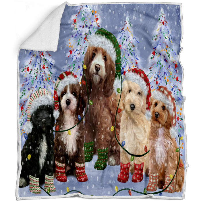 Christmas Lights and Cockapoo Dogs Blanket - Lightweight Soft Cozy and Durable Bed Blanket - Animal Theme Fuzzy Blanket for Sofa Couch