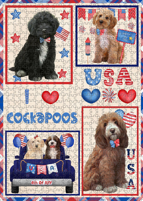4th of July Independence Day I Love USA Cockapoo Dogs Portrait Jigsaw Puzzle for Adults Animal Interlocking Puzzle Game Unique Gift for Dog Lover's with Metal Tin Box