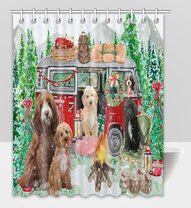 Christmas Time Camping with Cockapoo Dogs Shower Curtain Pet Painting Bathtub Curtain Waterproof Polyester One-Side Printing Decor Bath Tub Curtain for Bathroom with Hooks