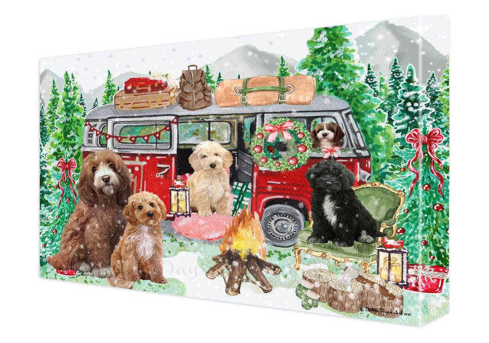 Christmas Time Camping with Cockapoo Dogs Canvas Wall Art - Premium Quality Ready to Hang Room Decor Wall Art Canvas - Unique Animal Printed Digital Painting for Decoration