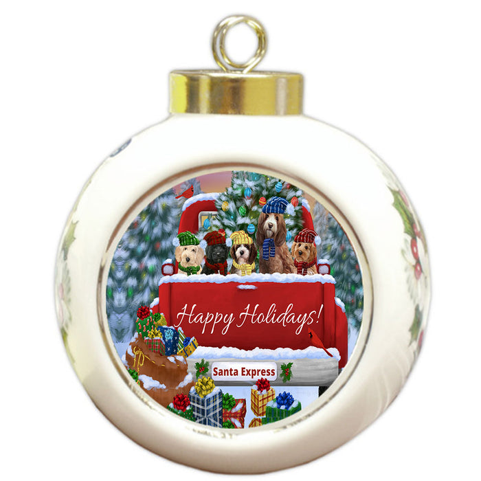 Christmas Red Truck Travlin Home for the Holidays Cockapoo Dogs Round Ball Christmas Ornament Pet Decorative Hanging Ornaments for Christmas X-mas Tree Decorations - 3" Round Ceramic Ornament