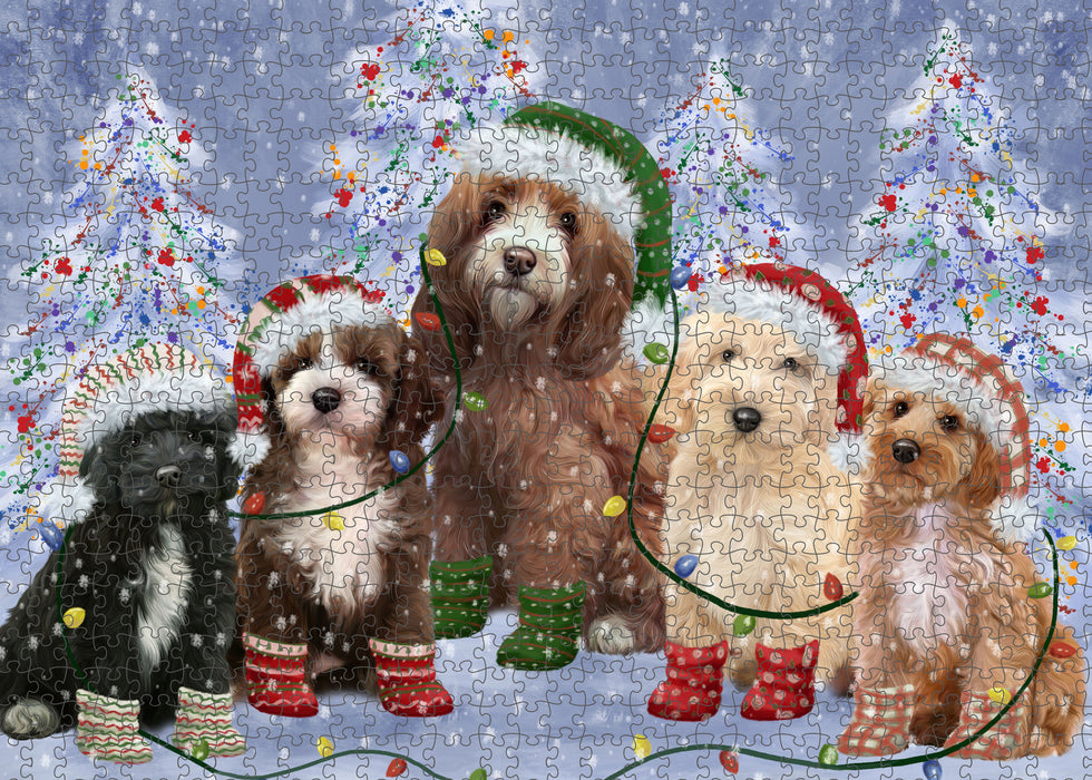Christmas Lights and Cockapoo Dogs Portrait Jigsaw Puzzle for Adults Animal Interlocking Puzzle Game Unique Gift for Dog Lover's with Metal Tin Box