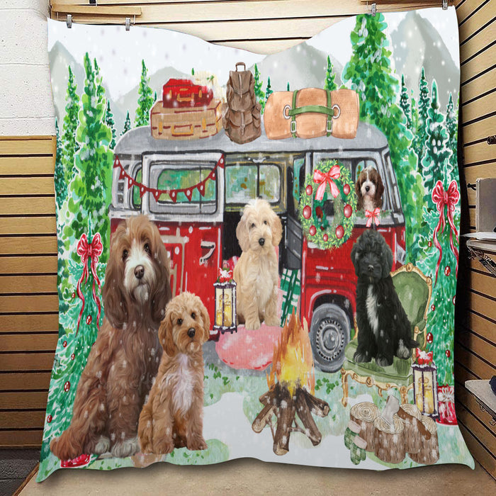 Christmas Time Camping with Cockapoo Dogs  Quilt Bed Coverlet Bedspread - Pets Comforter Unique One-side Animal Printing - Soft Lightweight Durable Washable Polyester Quilt