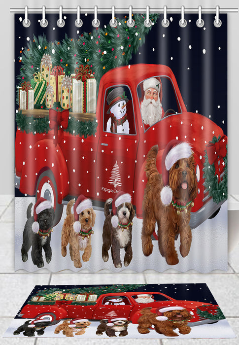 Christmas Express Delivery Red Truck Running Cockapoo Dogs Bath Mat and Shower Curtain Combo