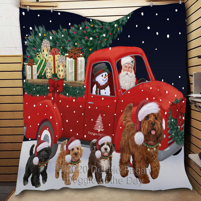 Christmas Express Delivery Red Truck Running Cockapoo Dogs Lightweight Soft Bedspread Coverlet Bedding Quilt QUILT59871