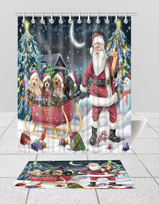 Santa Sled Dogs Christmas Happy Holidays Cockapoo Dogs Bath Mat and Shower Curtain Combo