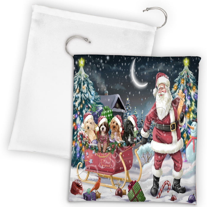 Santa Sled Dogs Christmas Happy Holidays Cockapoo Dogs Drawstring Laundry or Gift Bag LGB48690
