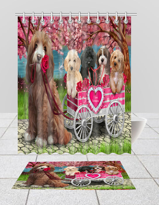 I Love Cockapoo Dogs in a Cart Bath Mat and Shower Curtain Combo