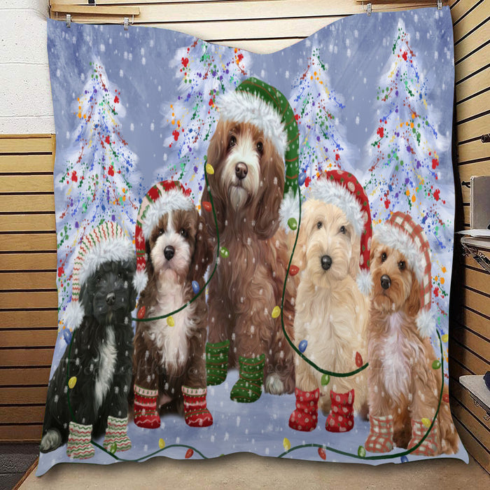 Christmas Lights and Cockapoo Dogs  Quilt Bed Coverlet Bedspread - Pets Comforter Unique One-side Animal Printing - Soft Lightweight Durable Washable Polyester Quilt