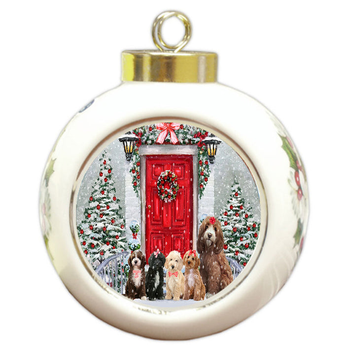 Christmas Holiday Welcome Cockapoo Dogs Round Ball Christmas Ornament Pet Decorative Hanging Ornaments for Christmas X-mas Tree Decorations - 3" Round Ceramic Ornament