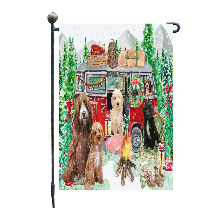 Christmas Time Camping with Cockapoo Dogs Garden Flags- Outdoor Double Sided Garden Yard Porch Lawn Spring Decorative Vertical Home Flags 12 1/2"w x 18"h