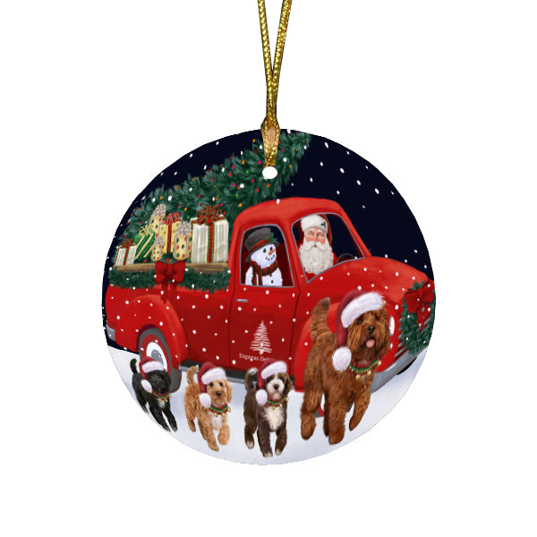 Christmas Express Delivery Red Truck Running Cockapoo Dogs Round Flat Christmas Ornament RFPOR57742