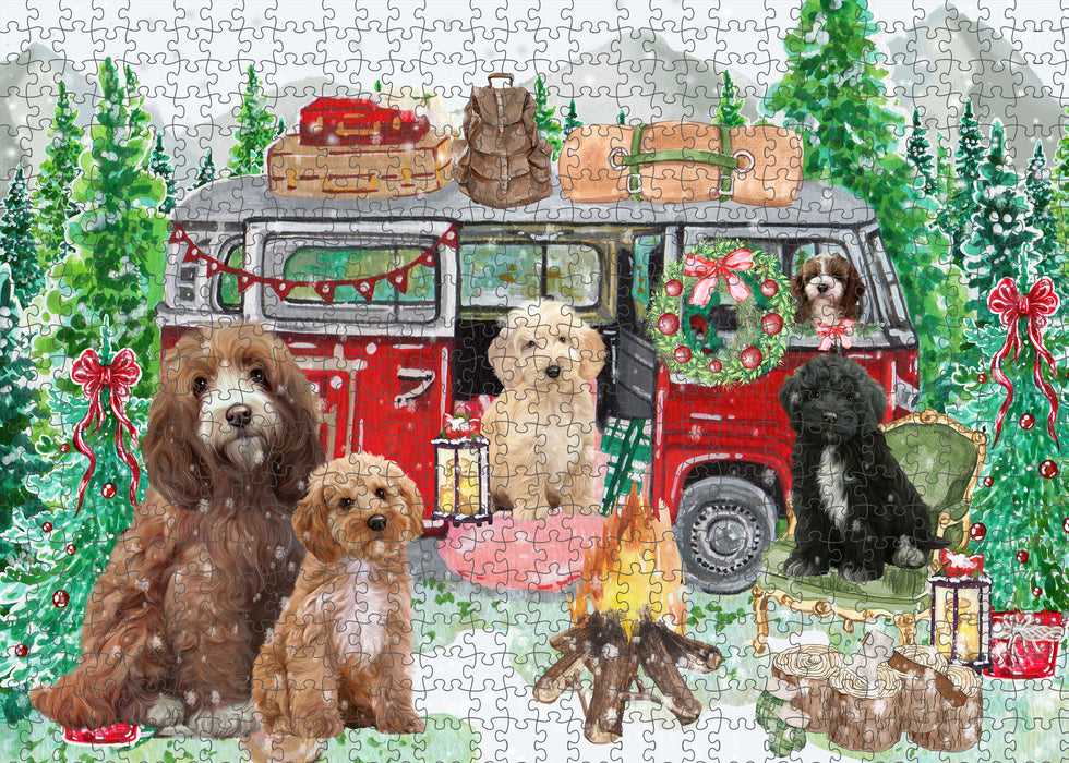 Christmas Time Camping with Cockapoo Dogs Portrait Jigsaw Puzzle for Adults Animal Interlocking Puzzle Game Unique Gift for Dog Lover's with Metal Tin Box