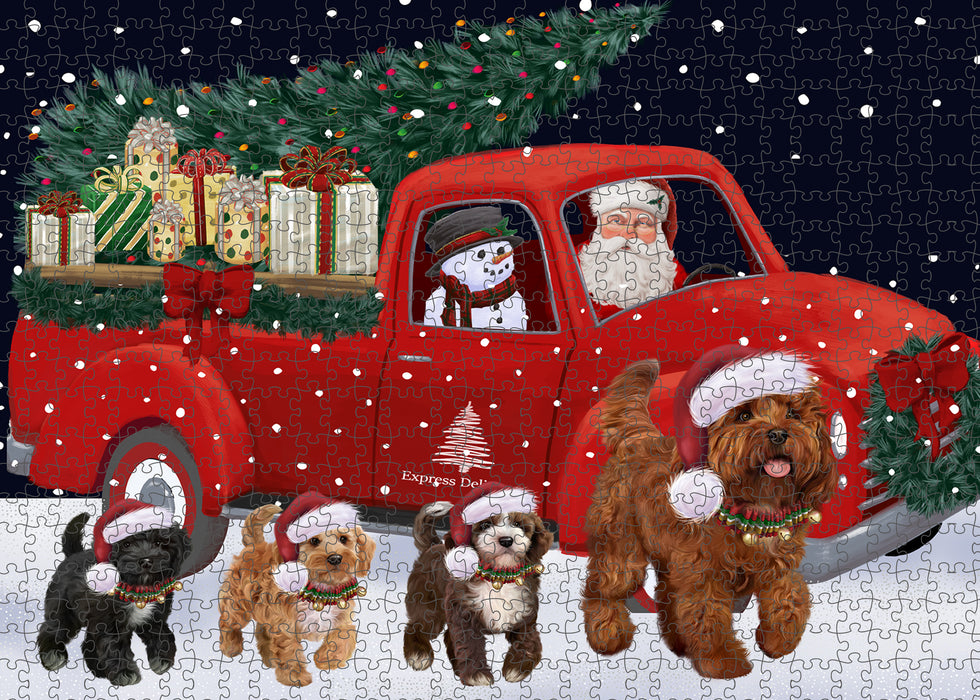 Christmas Express Delivery Red Truck Running Cockapoo Dogs Puzzle with Photo Tin PUZL99668