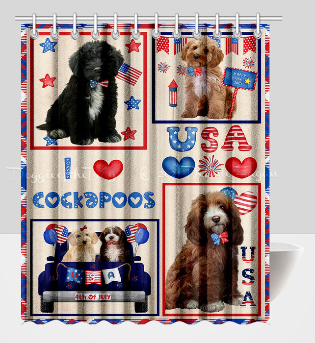 4th of July Independence Day I Love USA Cockapoo Dogs Shower Curtain Pet Painting Bathtub Curtain Waterproof Polyester One-Side Printing Decor Bath Tub Curtain for Bathroom with Hooks