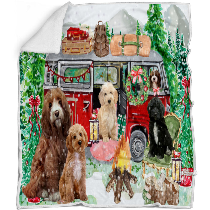 Christmas Time Camping with Cockapoo Dogs Blanket - Lightweight Soft Cozy and Durable Bed Blanket - Animal Theme Fuzzy Blanket for Sofa Couch