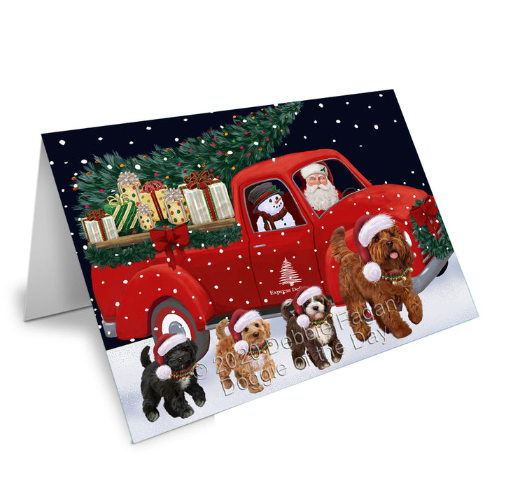 Christmas Express Delivery Red Truck Running Cockapoo Dogs Handmade Artwork Assorted Pets Greeting Cards and Note Cards with Envelopes for All Occasions and Holiday Seasons GCD75113