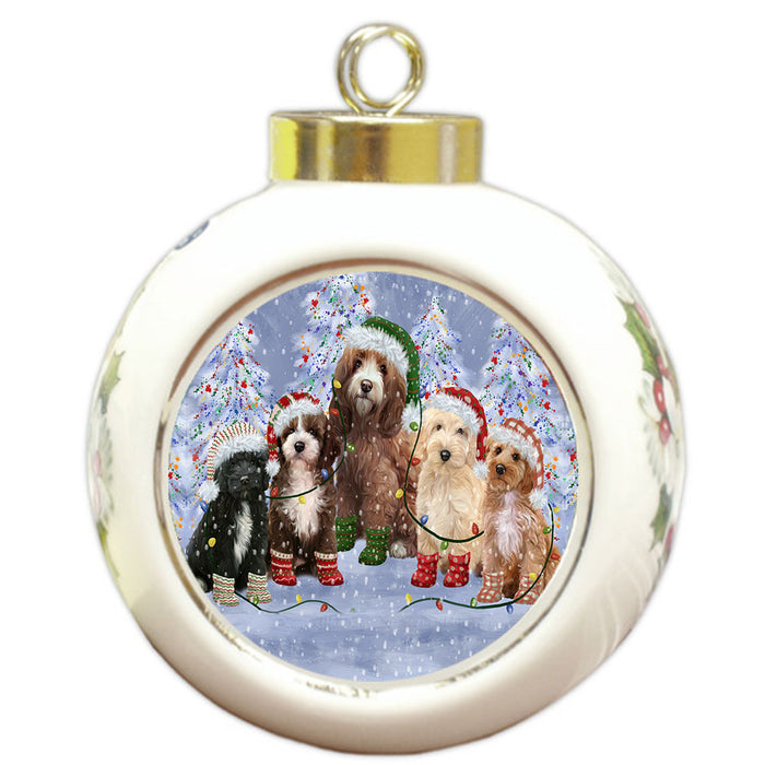 Christmas Lights and Cockapoo Dogs Round Ball Christmas Ornament Pet Decorative Hanging Ornaments for Christmas X-mas Tree Decorations - 3" Round Ceramic Ornament