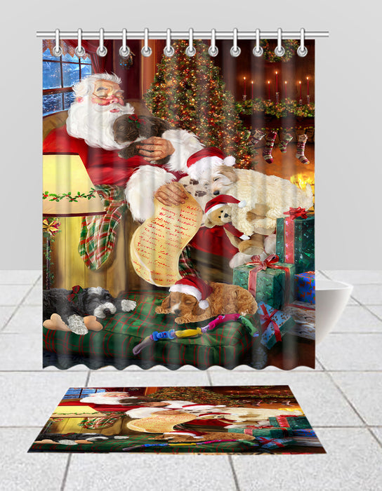 Santa Sleeping with Cockapoo Dogs  Bath Mat and Shower Curtain Combo