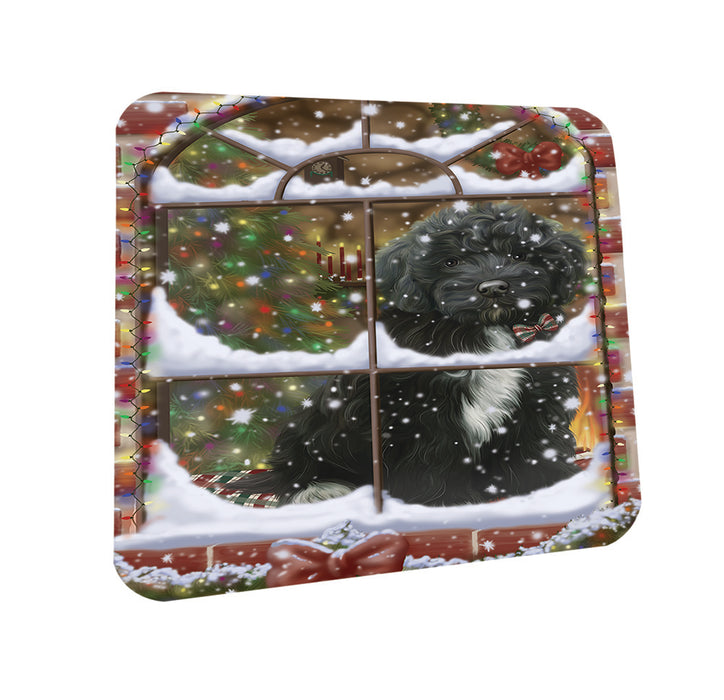 Please Come Home For Christmas Cockapoo Dog Sitting In Window Coasters Set of 4 CST53580
