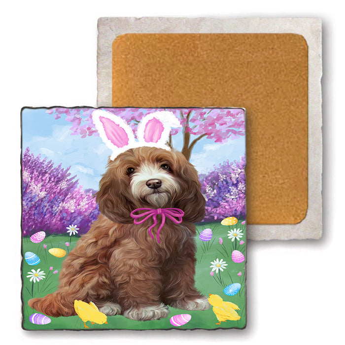 Easter Holiday Cockapoo Dog Set of 4 Natural Stone Marble Tile Coasters MCST51887